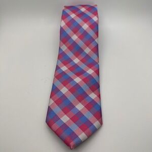 IZOD Tie Neck Pink Blue Plaid Pattern Business Casual Career Office Professional